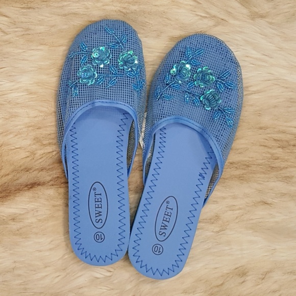 4/$20 Blue Sequin Flower Slippers - Picture 1 of 2